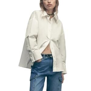 Zara S Womens Jewel Button Oversized Button Front Shirt Long Sleeve *flaw